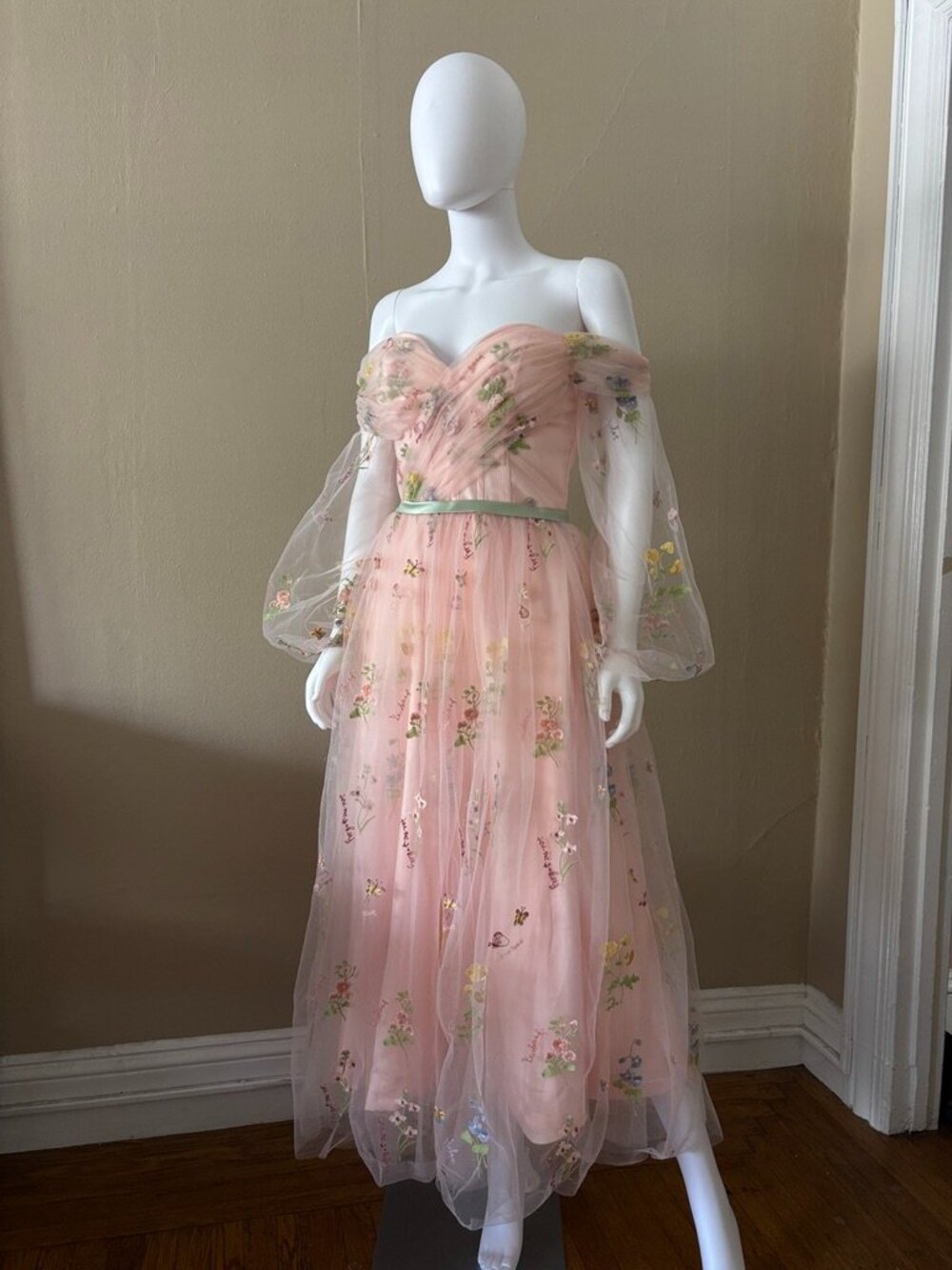 Fairy Fantasy Floral Whimsical Girly Cottagecore Pink Tulle Flowy Off Midi Dress